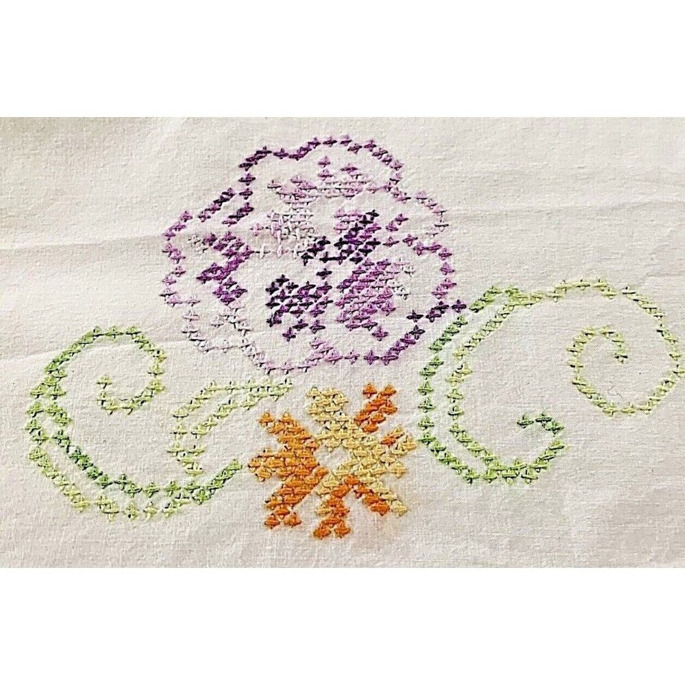 Set 2 Cross Stitch FIELDCREST Duracale Standard Pillowcase Purple Orange Cottage